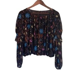 Free People Floral Mesh Crop Top Black Multicolor Sheer Boho Peasant S